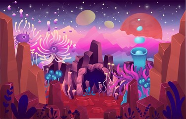  Fantasy landscape with a cave magical plants and mushrooms. Illustration of space.  Background for games and mobile applications.