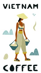 Vector illustration of woman pickers are harvesting coffee from branches of trees. Coffee beans template for farmer, roasters company. Design for banner, book, flyer, print, poster