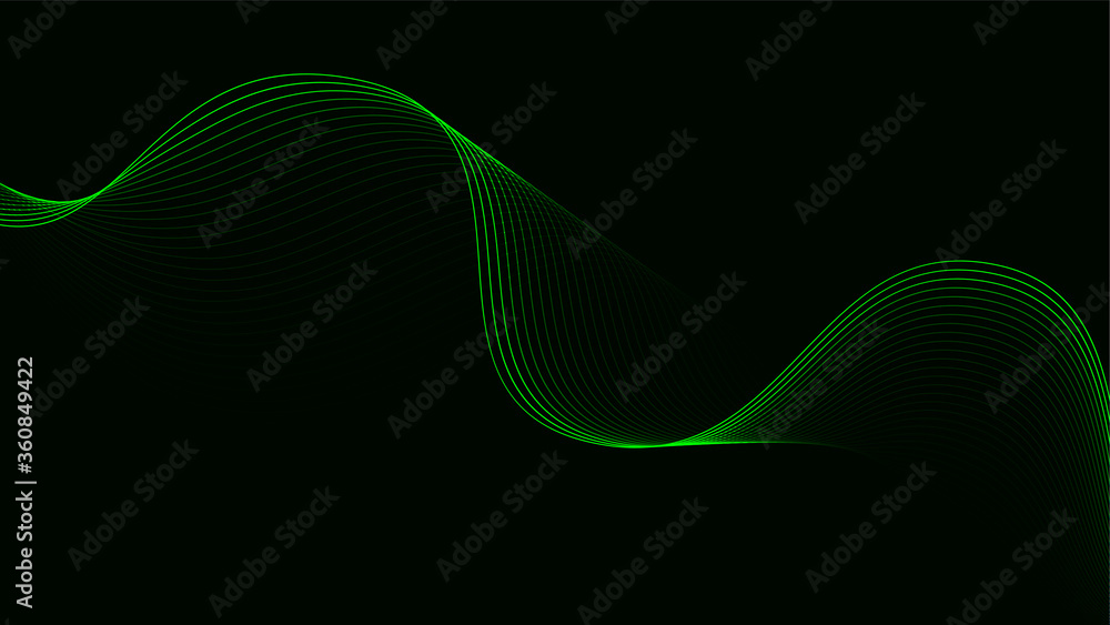 Poster Abstract dark background with green wave. Flowing colorful dynamic lines. Vector illustration.