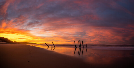 Beautiful sunrise of old jetty piles at St. Clair Beach in Dunedin, New Zealand.