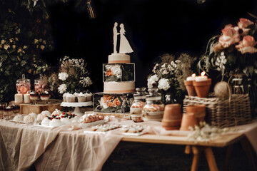 Candy bar. White wedding cake decorated by flowers standing of festive table with deserts, strawberry tartlet and cupcakes. Wedding. Reception Tartlets