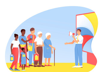 Fototapeta premium A crowd of people became interested in product advertising. An advertiser offers customers a product experience. The concept of business advertising. Flat cartoon vector illustration.