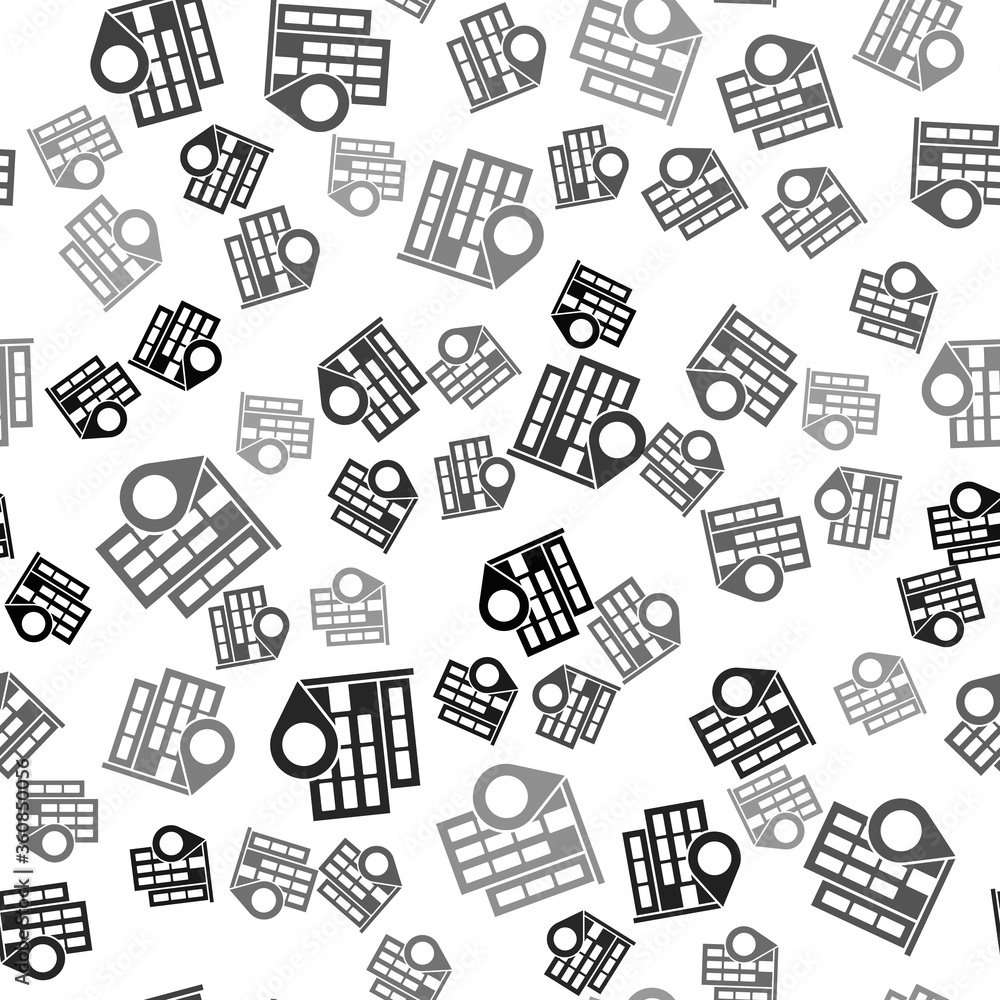 Poster black map pointer with house icon isolated seamless pattern on white background. home location marke