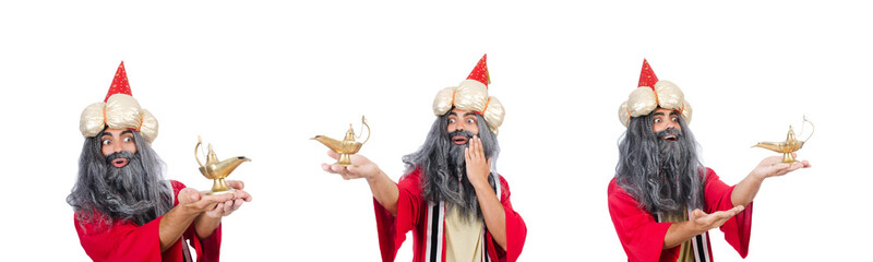 Old wizard with lamp isolated on white