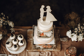 Candy bar. White wedding cake decorated by flowers standing of festive table with deserts, strawberry tartlet and cupcakes. Wedding. Reception Tartlets