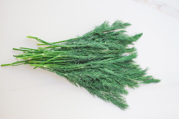  A bunch of fresh dill with a vegetable garden on the table. green food for raw food, a mix of vitamins for health