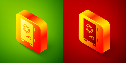 Isometric Safe icon isolated on green and red background. The door safe a bank vault with a combination lock. Reliable Data Protection. Square button. Vector Illustration