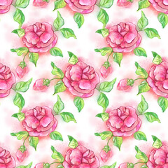 Watercolor hand drawn roses seamless pattern. Created with watercolor, digital brushes.