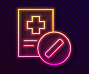 Glowing neon line Medical prescription icon isolated on black background. Rx form. Recipe medical. Pharmacy or medicine symbol.  Vector Illustration