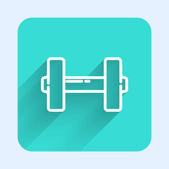 White line Dumbbell icon isolated with long shadow. Muscle lifting icon, fitness barbell, gym, sports equipment, exercise bumbbell. Green square button. Vector Illustration