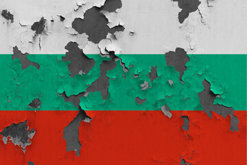 Bulgaria flag close up painted, damaged and dirty on wall peeling off paint to see concrete surface. Vintage National Concept.