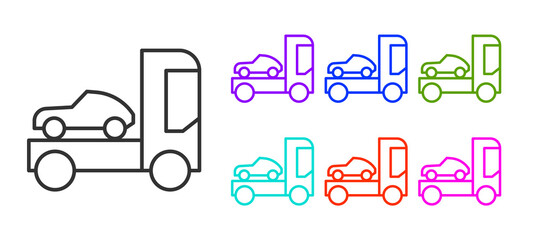 Black line Car transporter truck for transportation of car icon isolated on white background. Set icons colorful. Vector Illustration