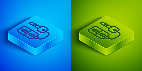 Isometric line Car key with remote icon isolated on blue and green background. Car key and alarm system. Square button. Vector Illustration