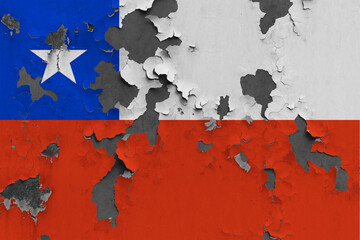Chile flag close up painted, damaged and dirty on wall peeling off paint to see concrete surface. Vintage National Concept.