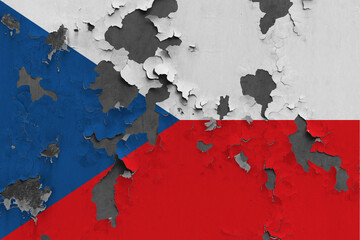 Czech Republic flag close up painted, damaged and dirty on wall peeling off paint to see concrete surface. Vintage National Concept.