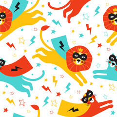 Lion and Panther super hero seamless pattern. Hand drawn vector background with wild cats heroes in cloaks and black masks among stars and lightning. Texture design for children with cute animals