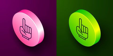 Isometric line Number 1 one fan hand glove with finger raised icon isolated on purple and green background. Symbol of team support in competitions. Circle button. Vector Illustration