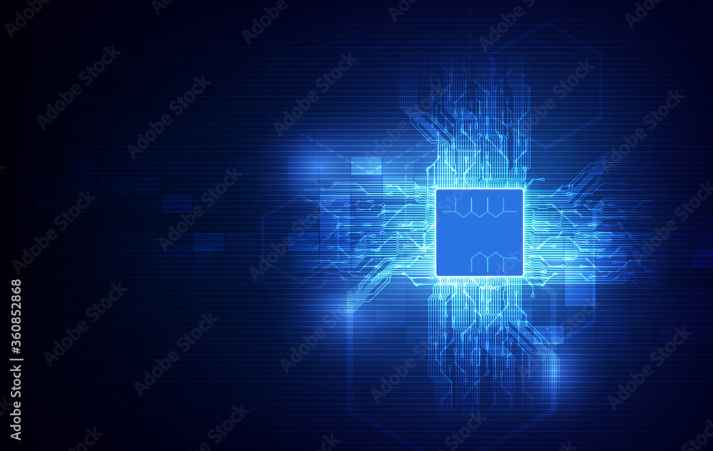 Poster abstract technology chip processor background circuit board and html code, blue technology backgroun