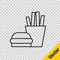 Black line Burger and french fries in carton package box icon isolated on transparent background. Hamburger, cheeseburger sandwich. Fast food.  Vector Illustration