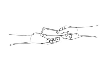 Continuous line drawing of hand hold money to give charity or pay something. Vector illustration