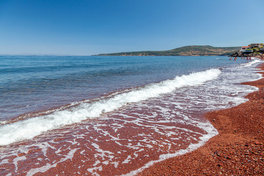 Lesvos island, Greece. The beach Tsonia, with the red sand, near Mandamados and Sikamia villages.