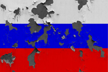 Russia flag close up painted, damaged and dirty on wall peeling off paint to see concrete surface. Vintage National Concept.