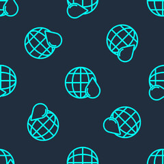 Green line Earth planet in water drop icon isolated seamless pattern on blue background. World globe. Saving water and world environmental protection.  Vector Illustration