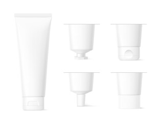 Blank plastic tube mockup set for cosmetics with cap. Front view. Vector illustration isolated on white background. Can be use for your design, advertising, promo and etc. EPS10.	