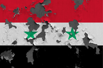 Syria flag close up painted, damaged and dirty on wall peeling off paint to see concrete surface. Vintage National Concept.