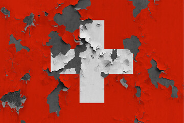 Switzerland flag close up painted, damaged and dirty on wall peeling off paint to see concrete surface. Vintage National Concept.