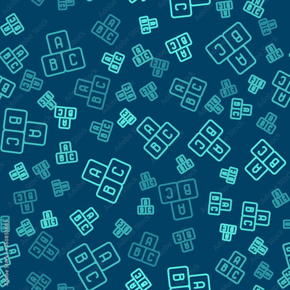 Poster green line abc blocks icon isolated seamless pattern on blue background. alphabet cubes with letters