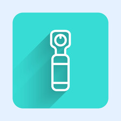 White line Bottle opener icon isolated with long shadow. Green square button. Vector Illustration