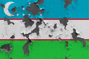 Uzbekistan flag close up painted, damaged and dirty on wall peeling off paint to see concrete surface. Vintage National Concept.