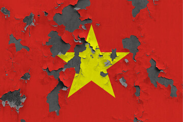 Vietnam flag close up painted, damaged and dirty on wall peeling off paint to see concrete surface. Vintage National Concept.
