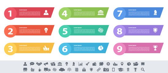 Infographic design business concept vector illustration with 9 steps or options or processes represent work flow or diagram or web button banner - obrazy, fototapety, plakaty