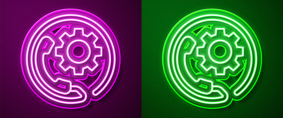 Glowing neon line Telephone 24 hours support icon isolated on purple and green background. All-day customer support call-center. Full time call services.  Vector Illustration