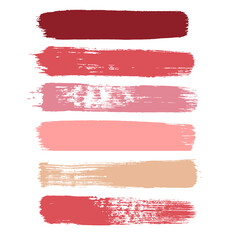 Makeup strokes, Set of lipstick swatches, Beauty and cosmetic nude, pink and red brush smudges vector background. smear make up lines collection, liquid make up texture isolated on white.