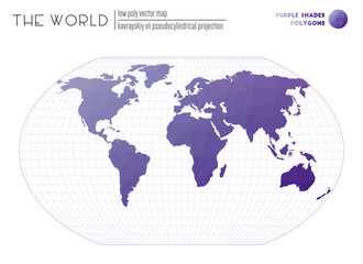 Fototapeta na wymiar Abstract geometric world map. Kavrayskiy VII pseudocylindrical projection of the world. Purple Shades colored polygons. Beautiful vector illustration.