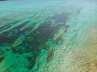 Coral bottom with reefs and shallow depth of the sea near the island of Nusa Lembongan. Aerial view.
