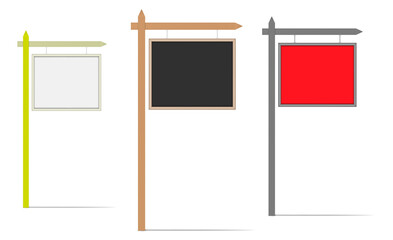 Blank hanging signboard, vector mock-up. Empty street sign, template for design. Color mockup set. Easy to recolor