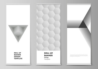 The vector illustration of the editable layout of roll up banner stands, vertical flyers, flags design business templates. Abstract geometric triangle design background using triangular style patterns
