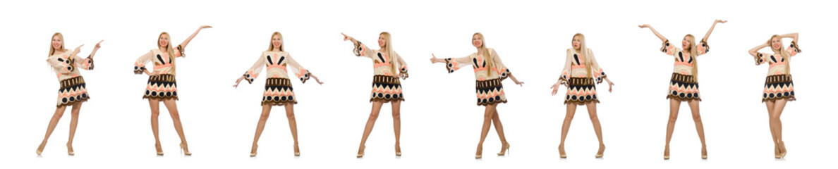 Blond hair model wearing designer clothes isolated on white