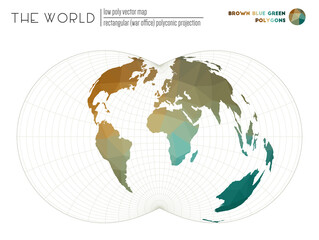 Triangular mesh of the world. Rectangular (War Office) polyconic projection of the world. Brown Blue Green colored polygons. Energetic vector illustration.