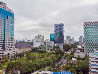 Panorama of the city of Jakarta, the capital of Indonesia, in cloudy weather.