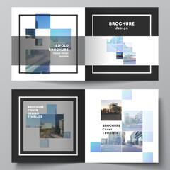 Fototapeta na wymiar Vector layout of two covers templates for square bifold brochure, flyer, magazine, cover design, book design, brochure cover. Abstract design project in geometric style with blue squares.