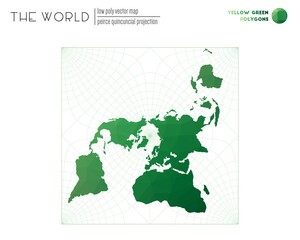 World map with vibrant triangles. Peirce quincuncial projection of the world. Yellow Green colored polygons. Stylish vector illustration.