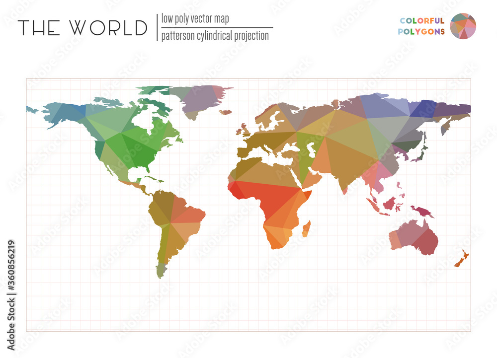 Poster triangular mesh of the world. patterson cylindrical projection of the world. colorful colored polygo