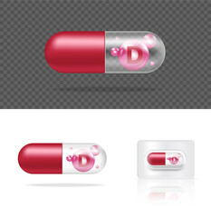Mock up Realistic Transparent Pill Vitamin D Medicine Capsule Panel on White Background Vector Illustration. Tablets Medical and Healthcare Concept.