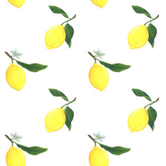 Juicy, yellow lemons on a white background. Seamless pattern with citrus fruits. Summer, fruit design for printing on fabric, textiles, paper, packaging. Stock image.