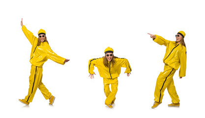 Woman in yellow suit isolated on white